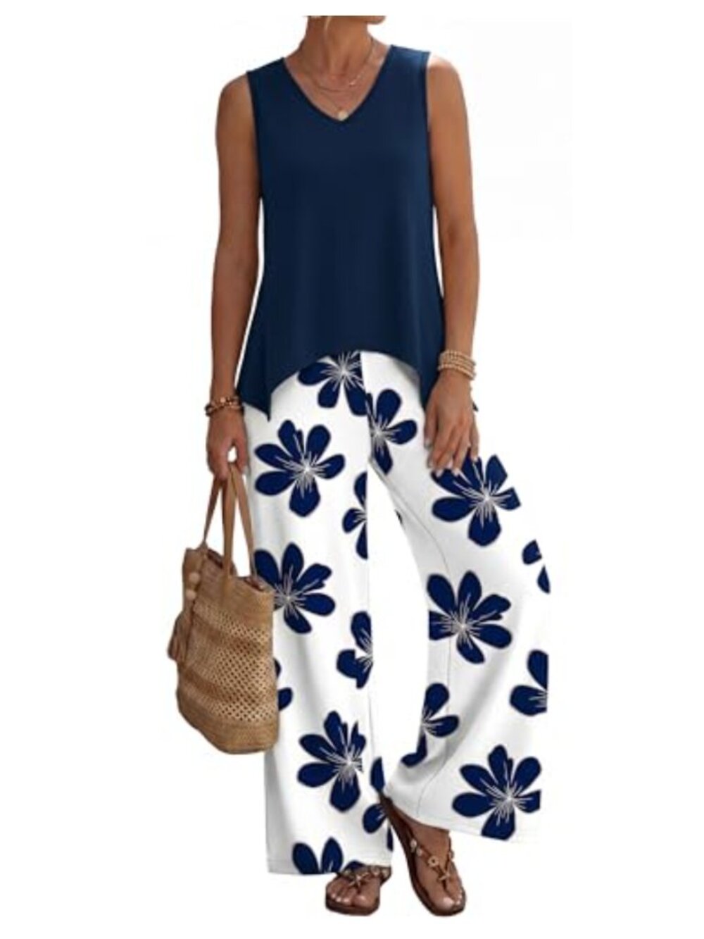 WIHOLL Two Piece Lounge Set Sleeveless Tank Wide Leg Pants Polyester Spandex